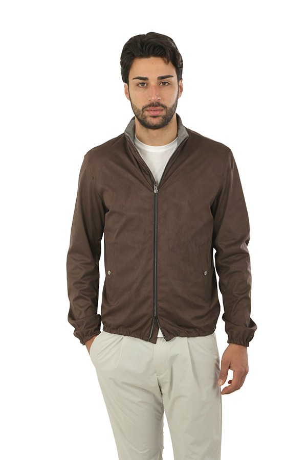 Giubbino Herno in Suede Effect Marrone Scuro